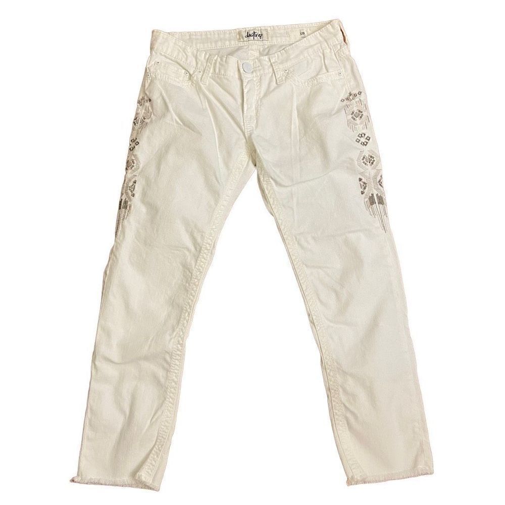 Daytrip Leo Skinny Jeans White Raw Hem Tribal Embroidery Low Rise Size 28